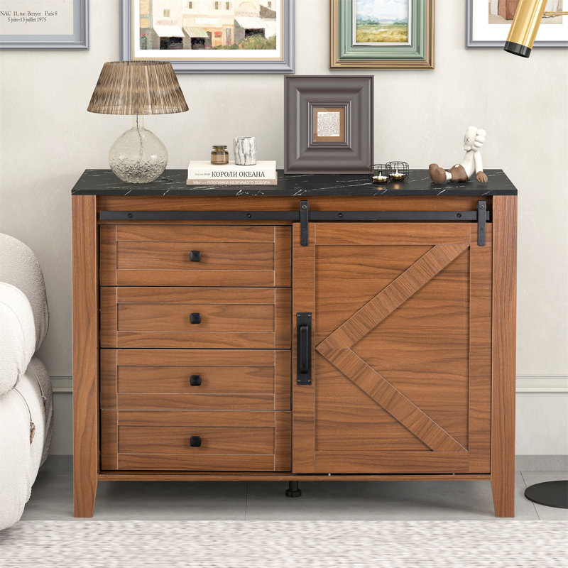 Gracie Oaks Drawer Dresser Cabinet Sideboard Bar Cabinet Buffet Server Console Table Storge Cabinets Slide The Barn Door Four Drawers Metal Handle For Dining Room Living Room Bedroom Kitchen Hallway W...